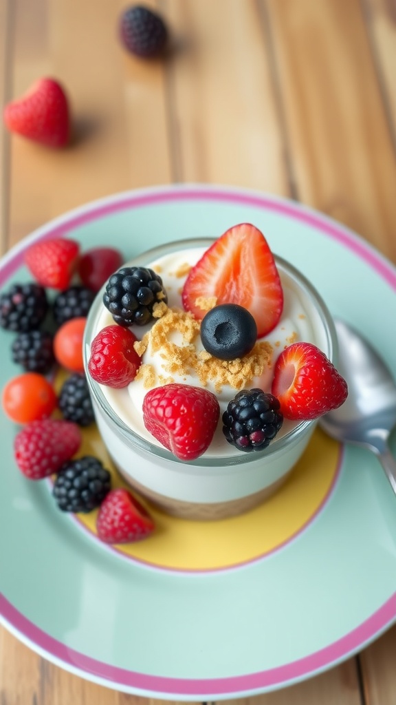 A cup of creamy cheesecake with graham cracker crumbs and berries on a colorful plate.
